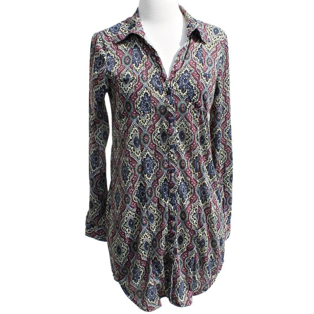 Passport Women's Boyfriend Night Shirt Paisley Print Button Down Size Small